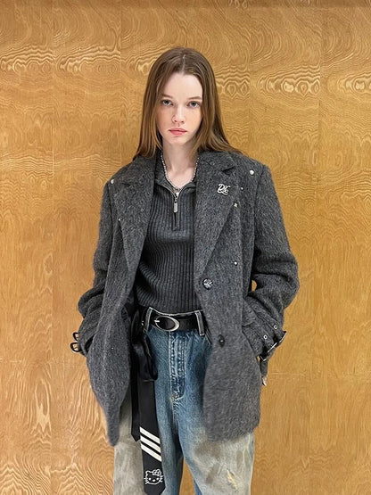 Grey Wool Blazer With Studs Shoulder Pads