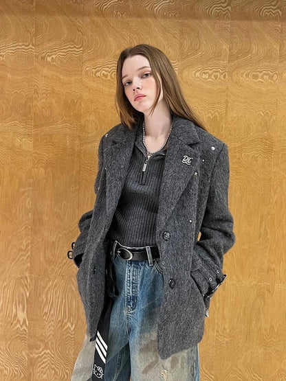 Grey Wool Blazer With Studs Shoulder Pads