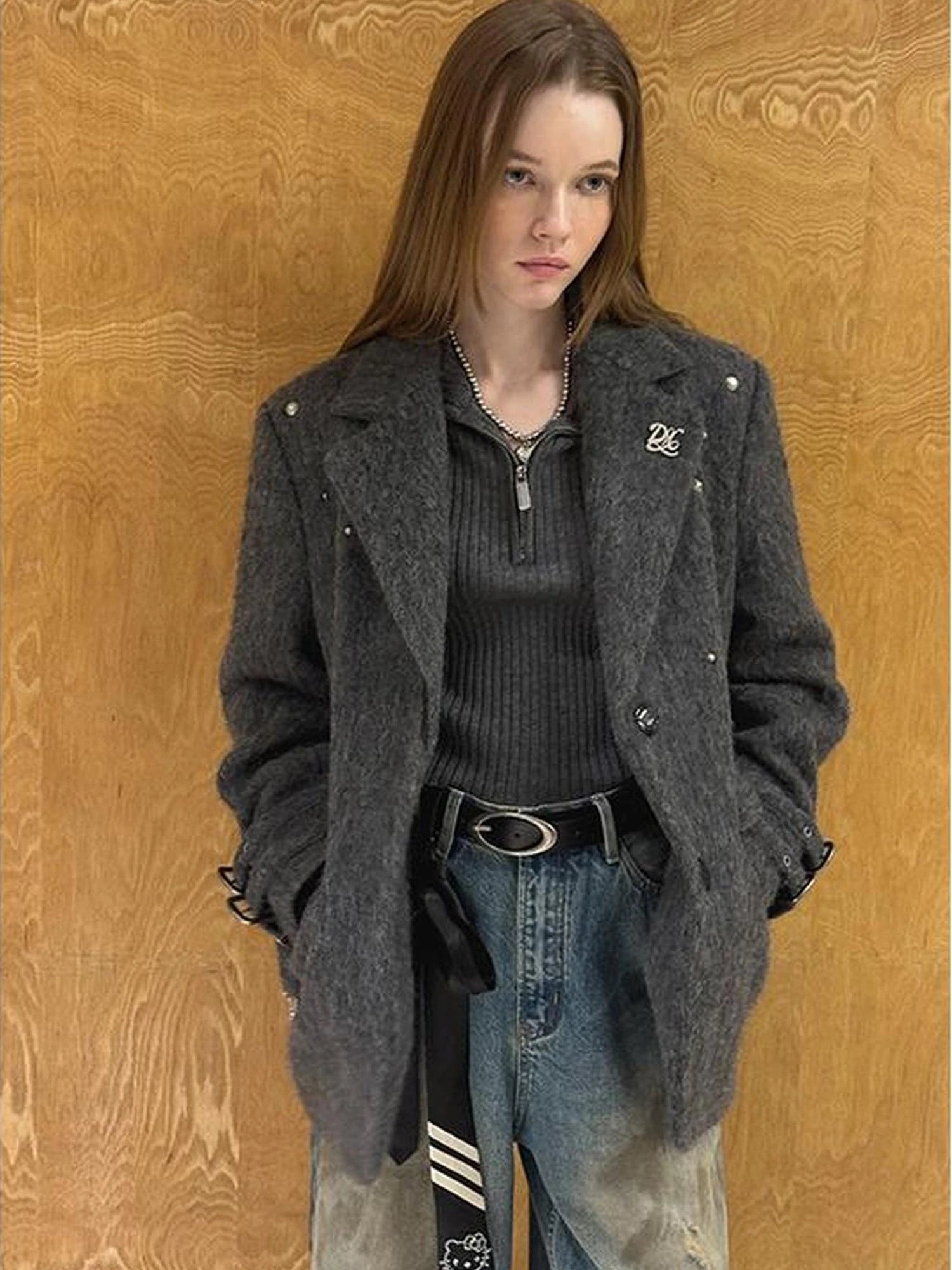 Grey Wool Blazer With Studs Shoulder Pads