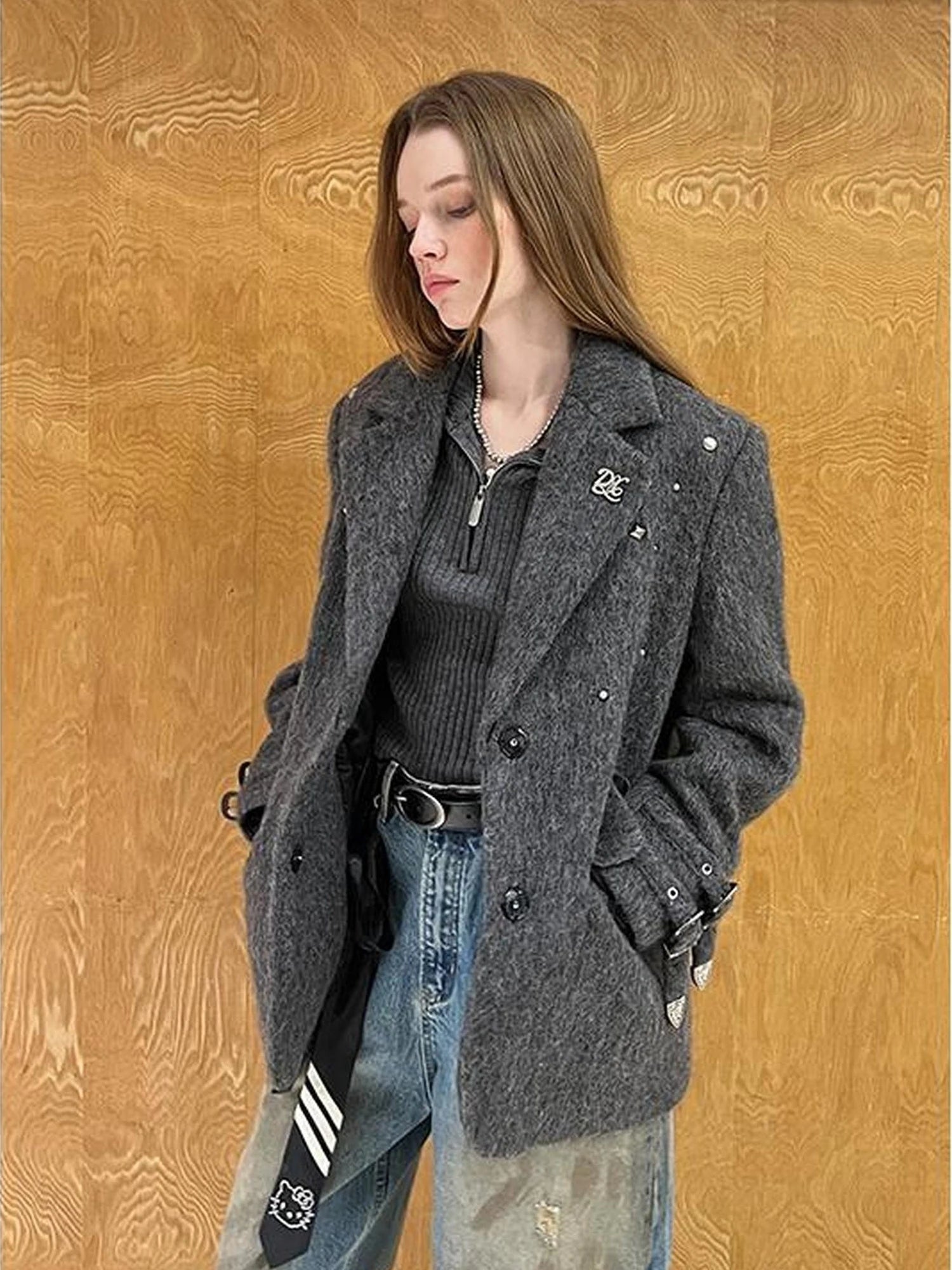 Grey Wool Blazer With Studs Shoulder Pads