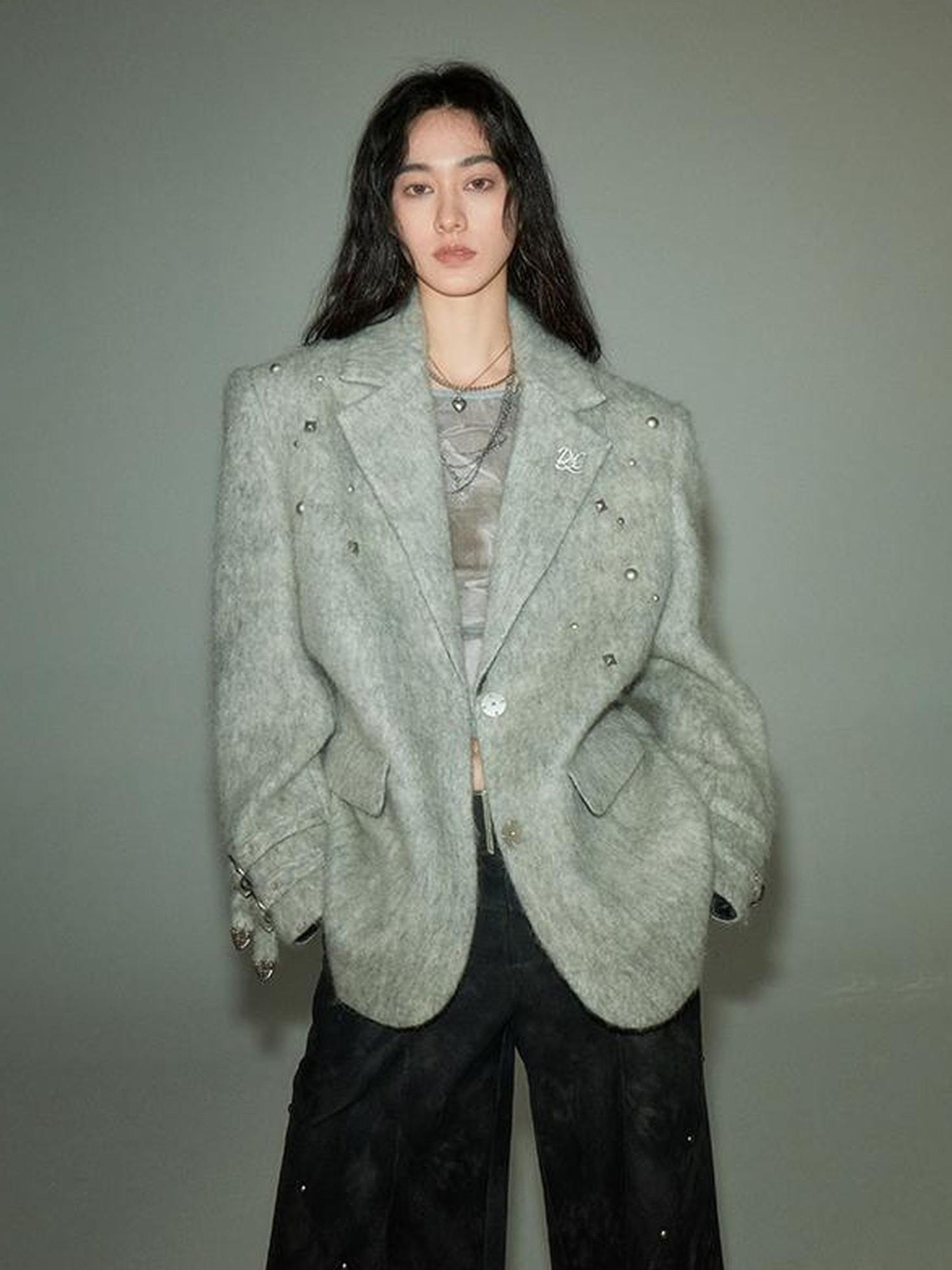 DIDDI MODA Grey Wool Blazer With Studs Shoulder Pads