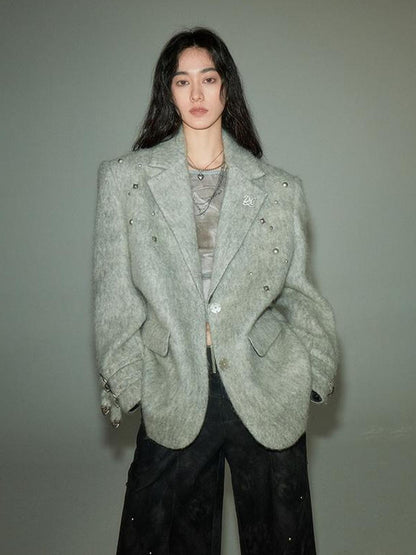 DIDDI MODA Grey Wool Blazer With Studs Shoulder Pads