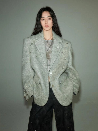 Grey Wool Blazer With Studs Shoulder Pads