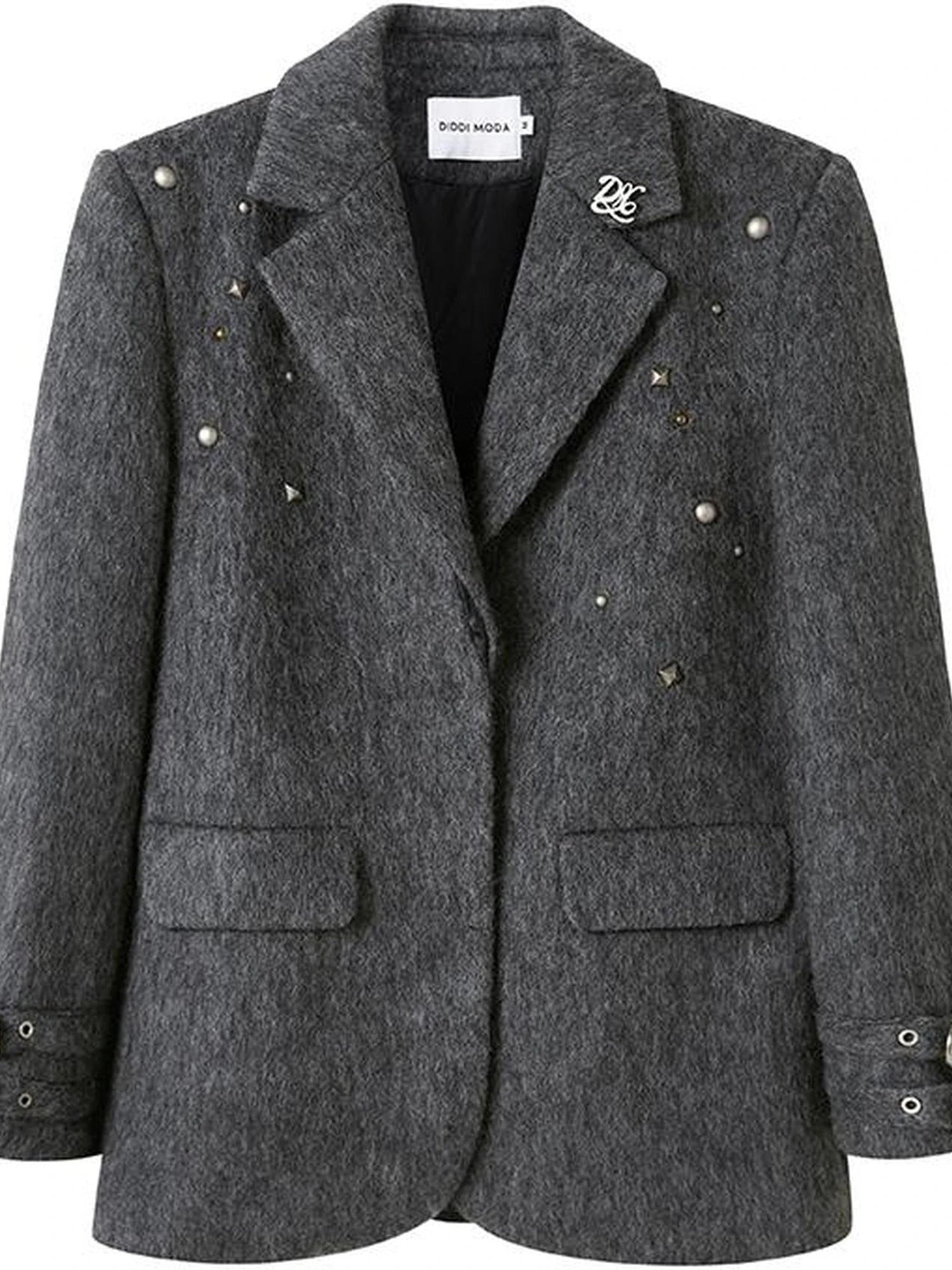 Grey Wool Blazer With Studs Shoulder Pads