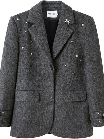 Grey Wool Blazer With Studs Shoulder Pads