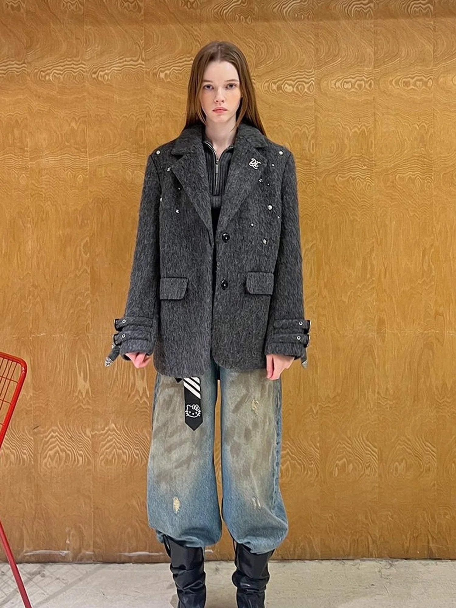 Grey Wool Blazer With Studs Shoulder Pads