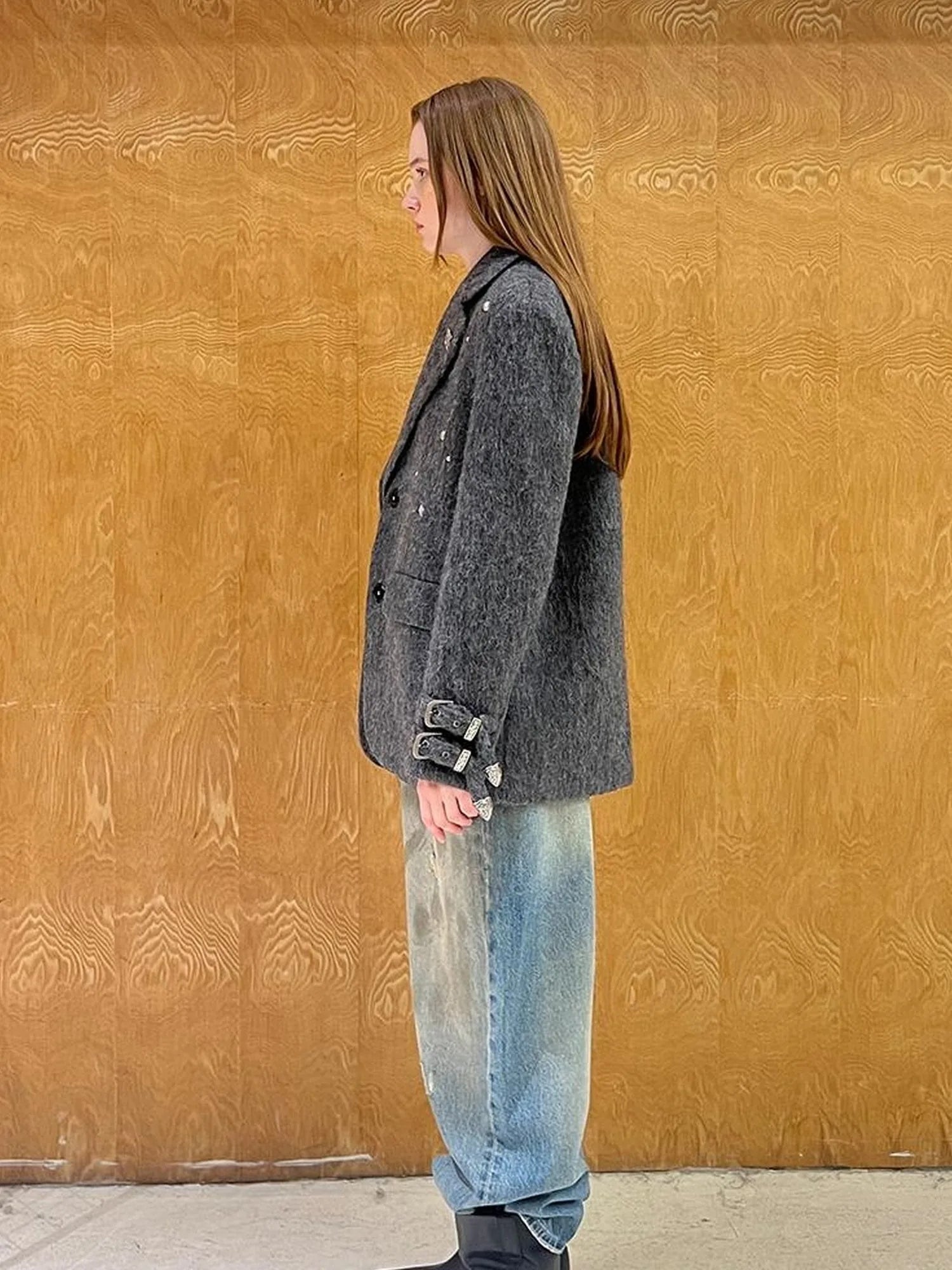 Grey Wool Blazer With Studs Shoulder Pads