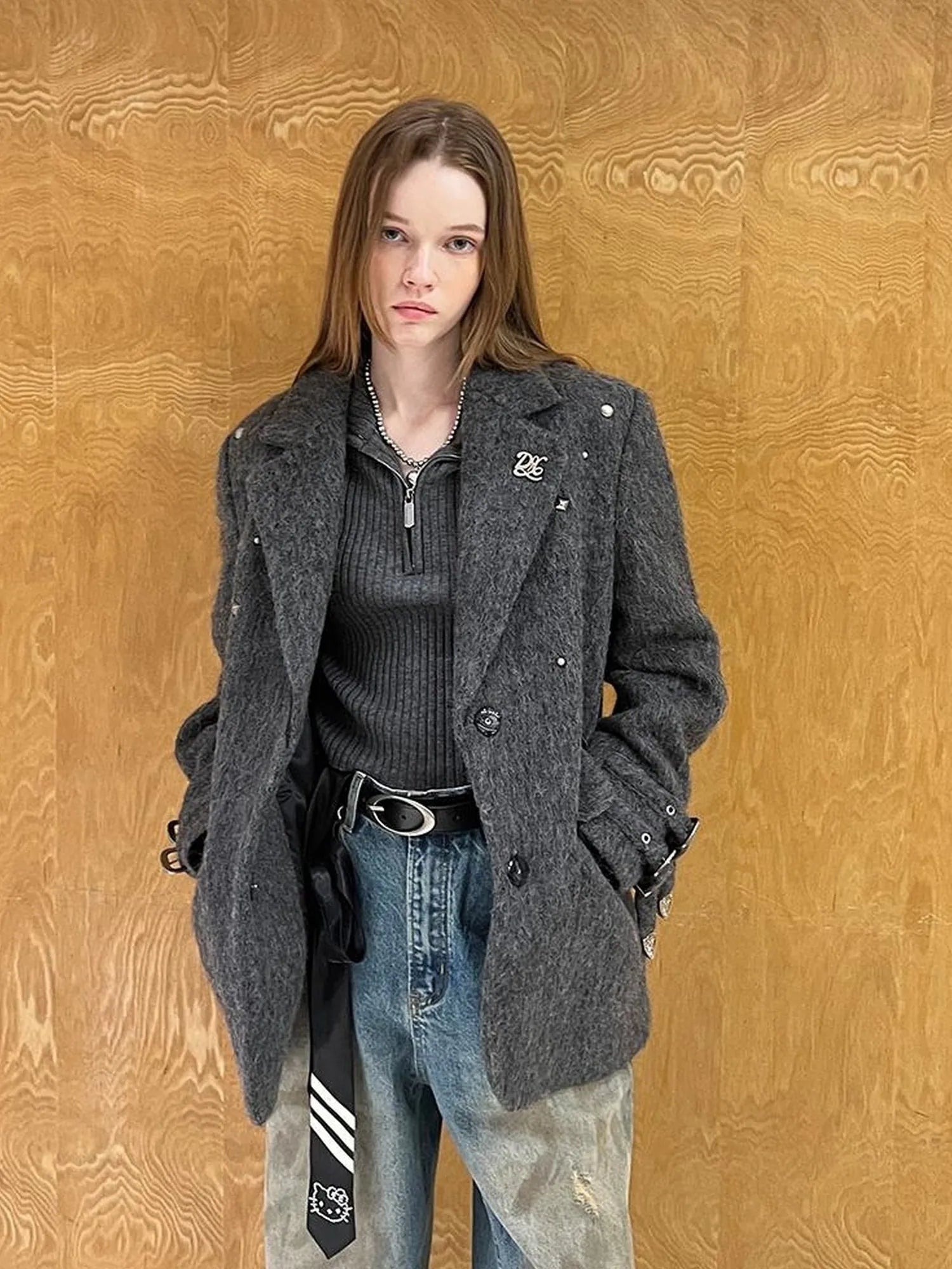 Grey Wool Blazer With Studs Shoulder Pads