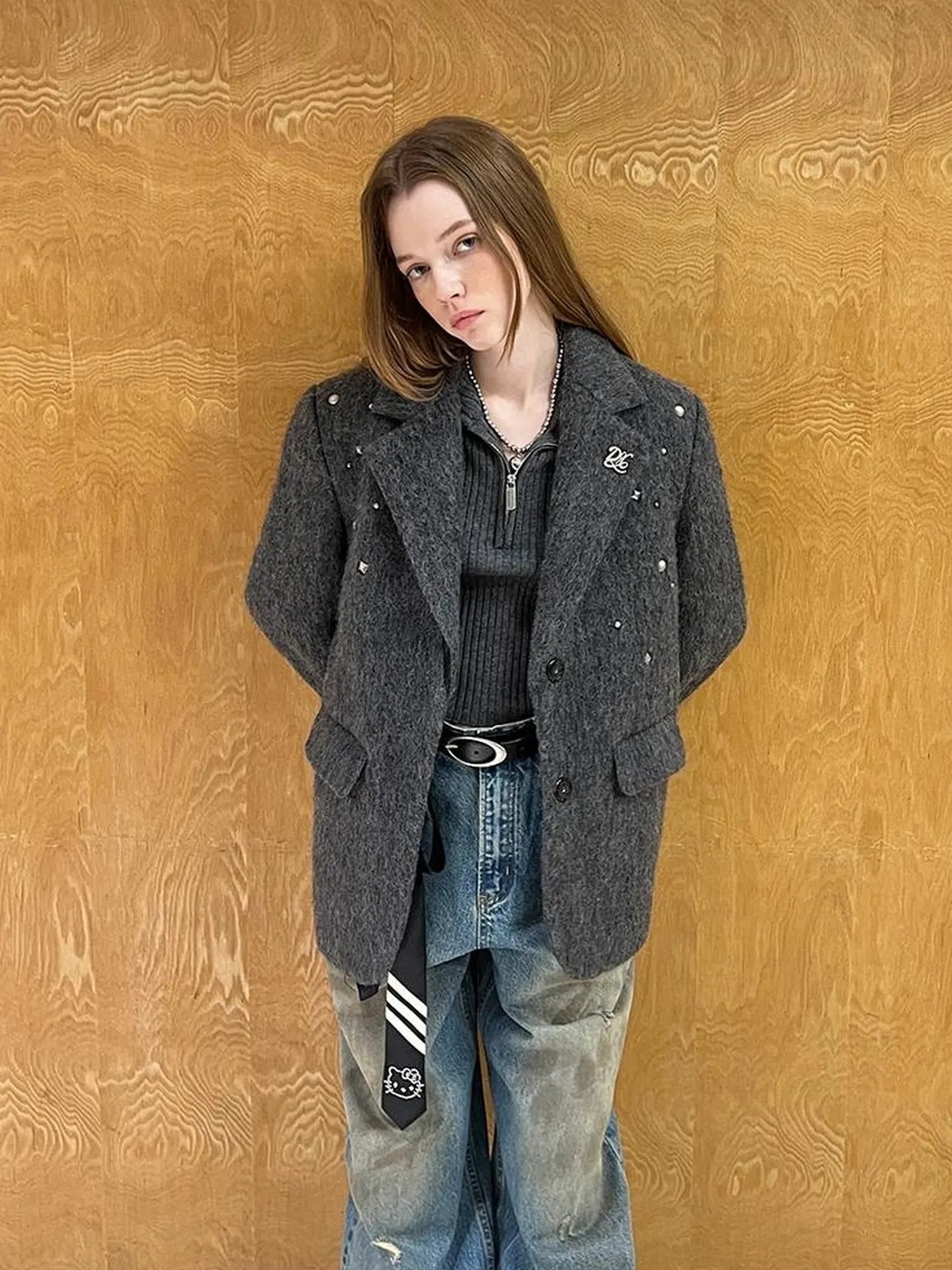 Grey Wool Blazer With Studs Shoulder Pads