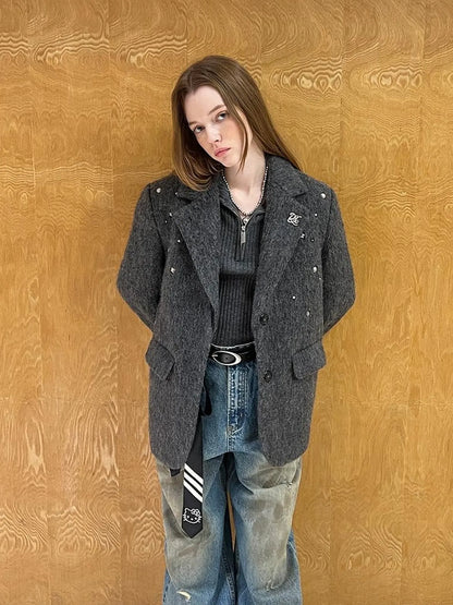 Grey Wool Blazer With Studs Shoulder Pads