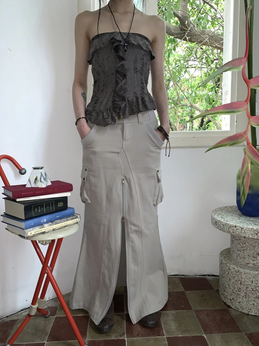 Vintage Cargo Pocket Wrap Maxi Skirt With Dual Zippers