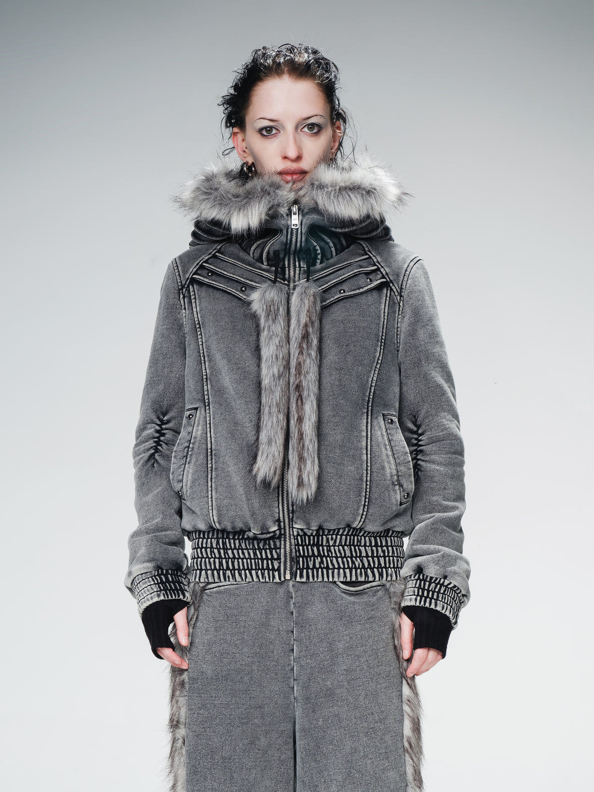 UpdateNN NORTH NODE Quilted Hooded Short Jacket With Fur Trim And Washed Texture