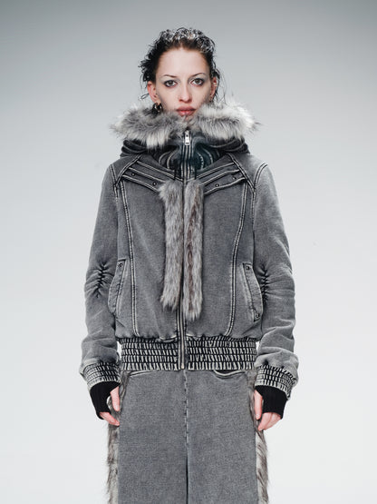 UpdateNN NORTH NODE Quilted Hooded Short Jacket With Fur Trim And Washed Texture