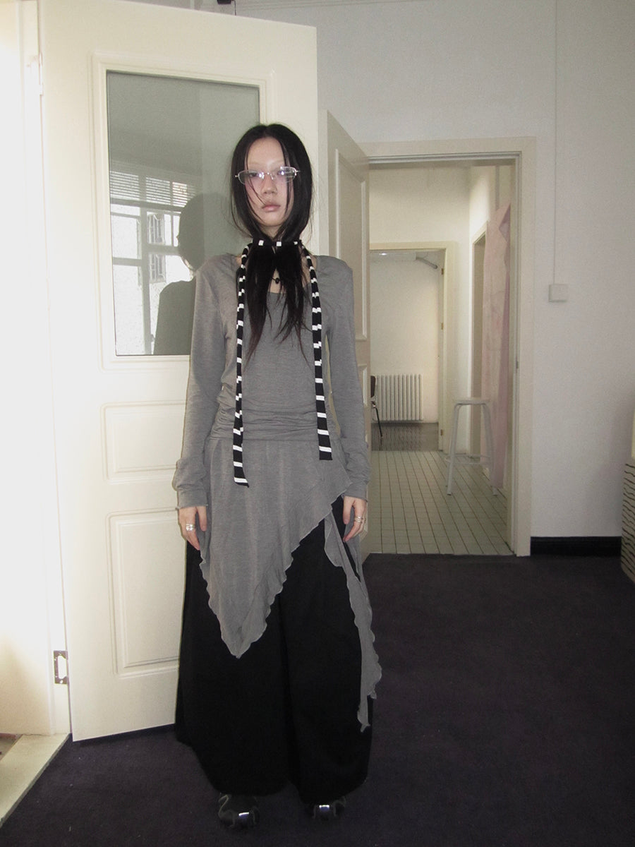 Updateang project Vintage Ruffle Hem Asymmetrical Blouse With Flowy Sash
