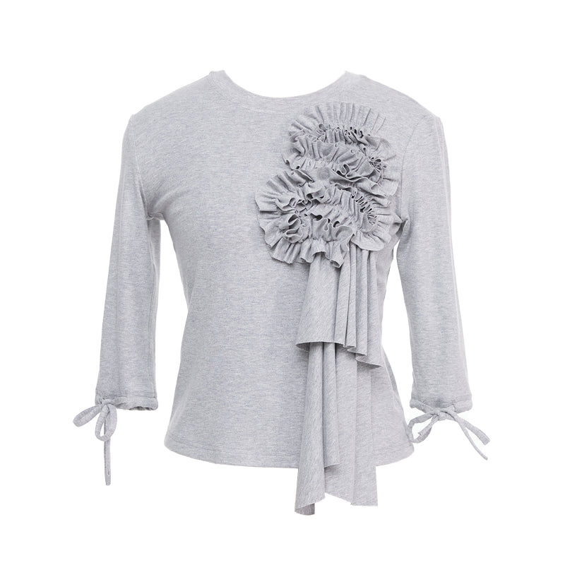 YOSHUYUKI Lace Trimmed Gray Knit Tee With Bow Cuffs