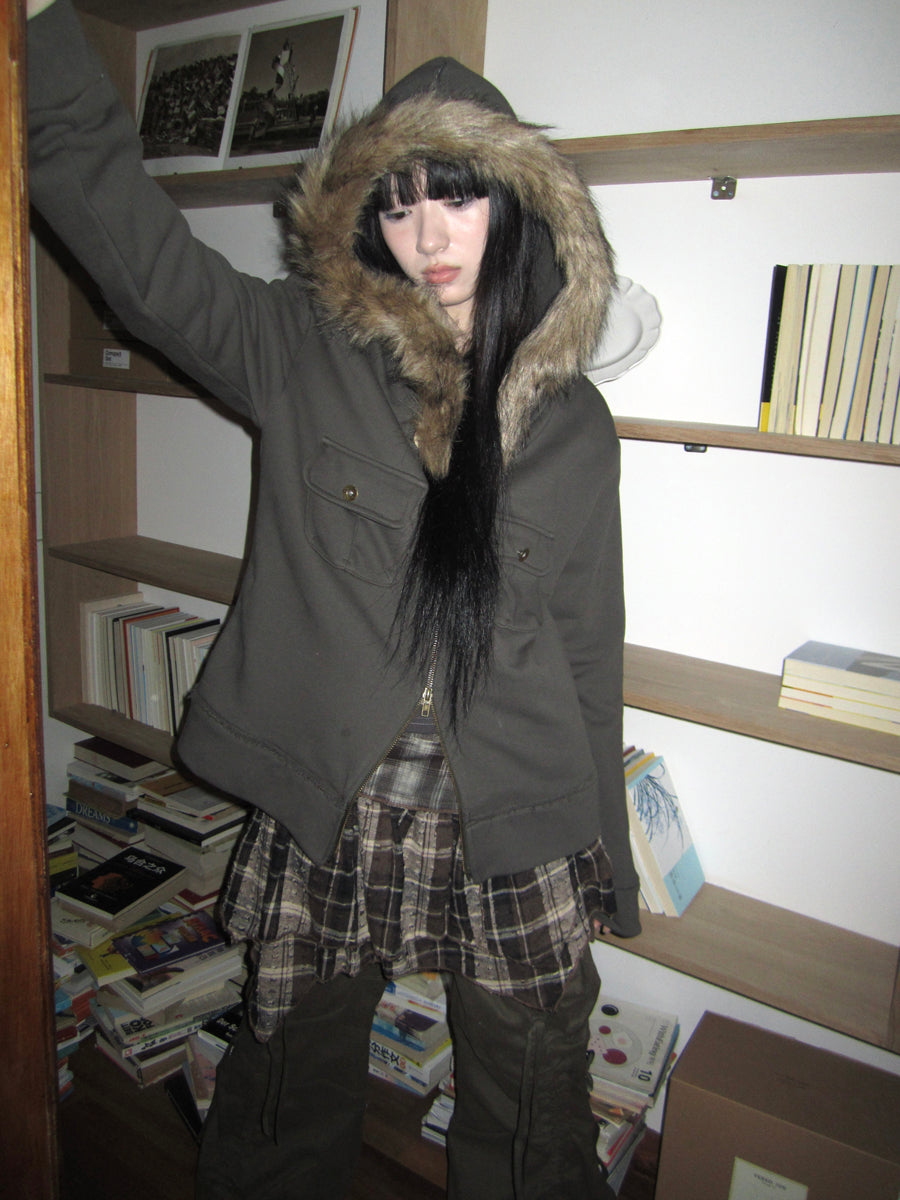 Updateang project Detachable Fur Hooded Fleece Sweatshirt With Pockets