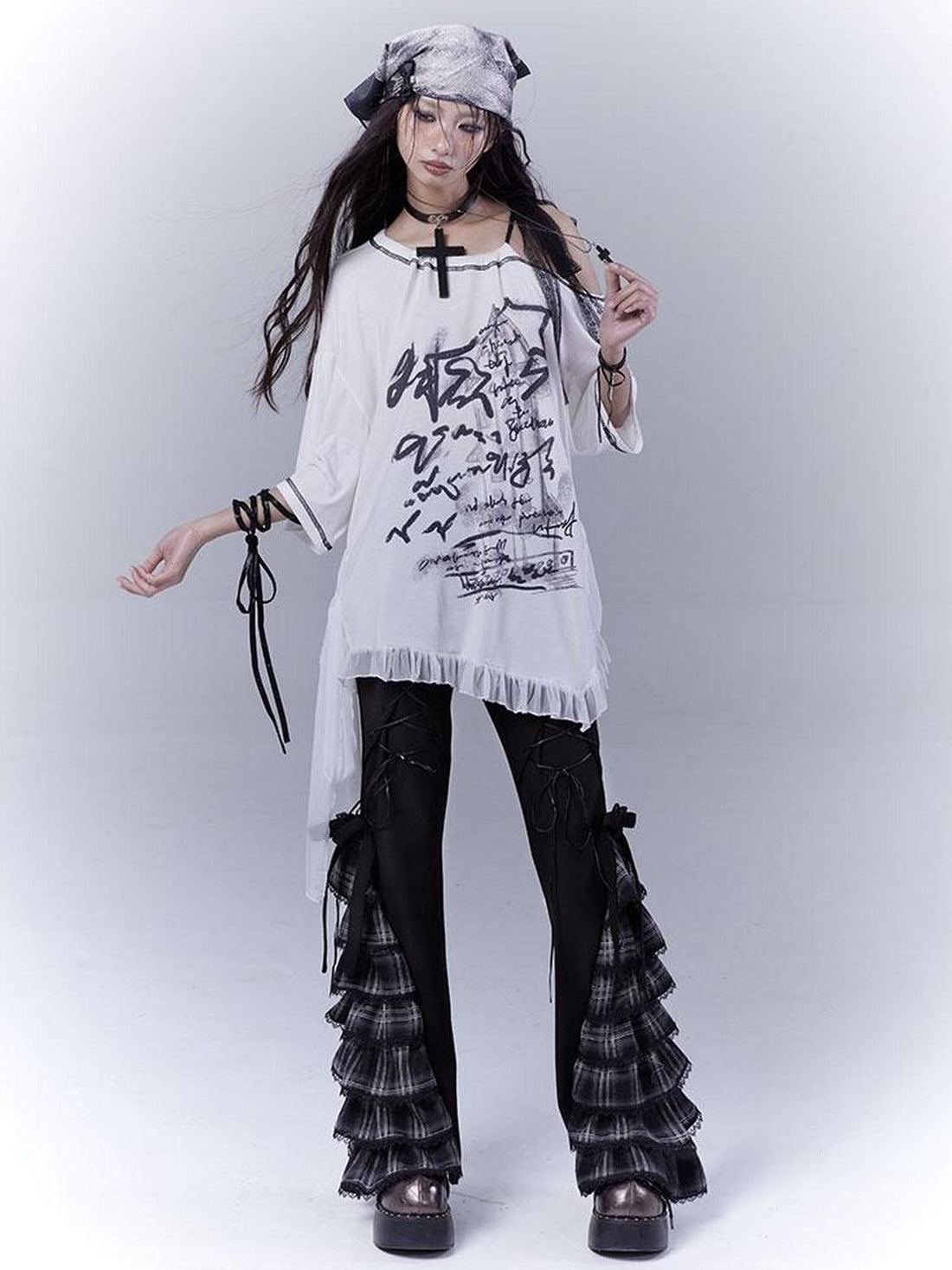 WSW WUSHENWU Grid Lace Punk Trousers Sweet Cool Asian Fit