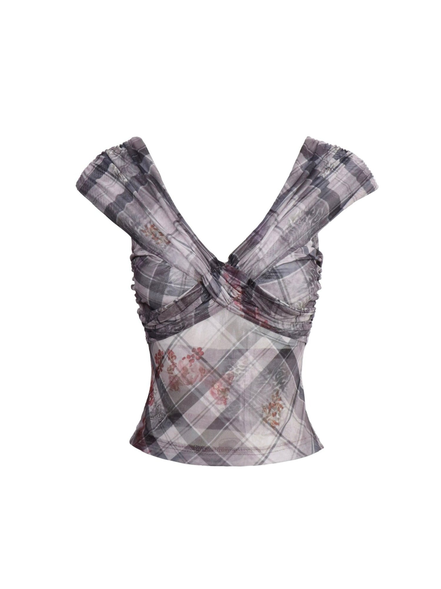 Flowers birds Market Grid Floral Sheer Mesh Camisole Top