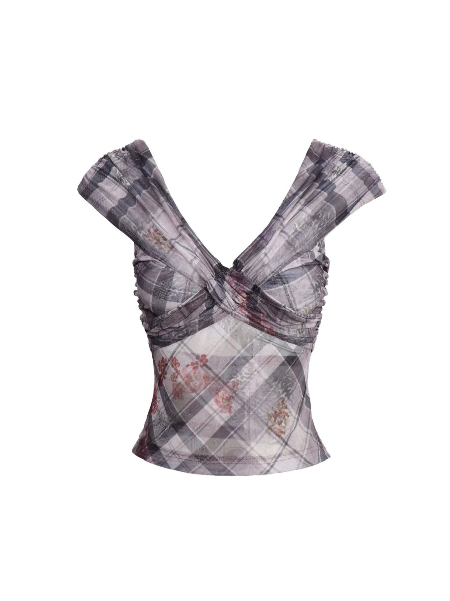 Flowers birds Market Grid Floral Sheer Mesh Camisole Top