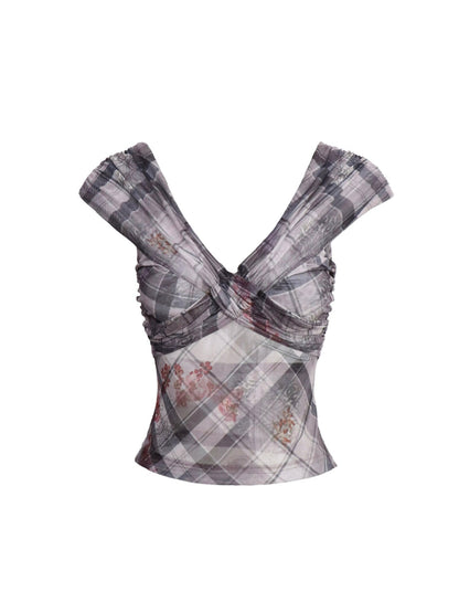 Flowers birds Market Grid Floral Sheer Mesh Camisole Top