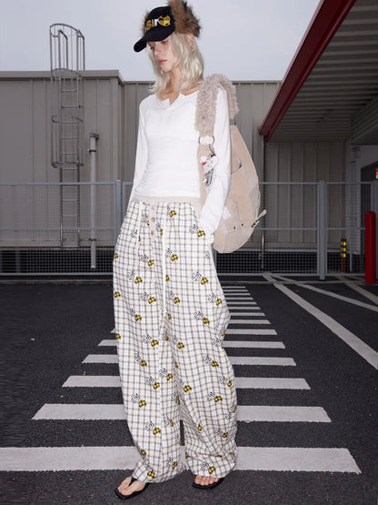 Lyocell Embroidered Devil Heart Paw Print Checkered Beaded Trousers