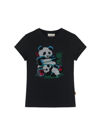 Happy Panda Embroidered Crop Tee V-neck T-shirt Long-Sleeve