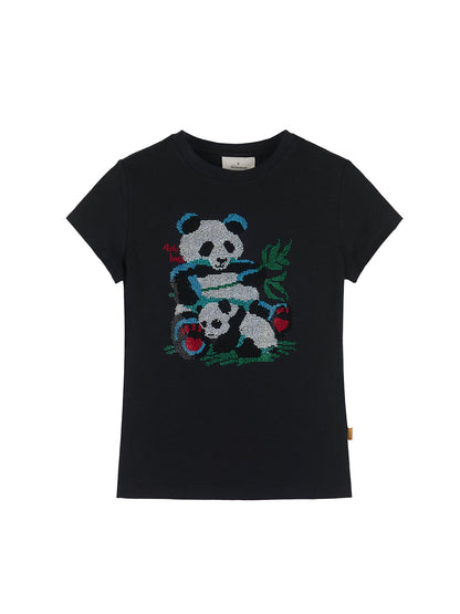 Achihara Happy Panda Embroidered Crop Tee V-neck T-shirt Long-Sleeve