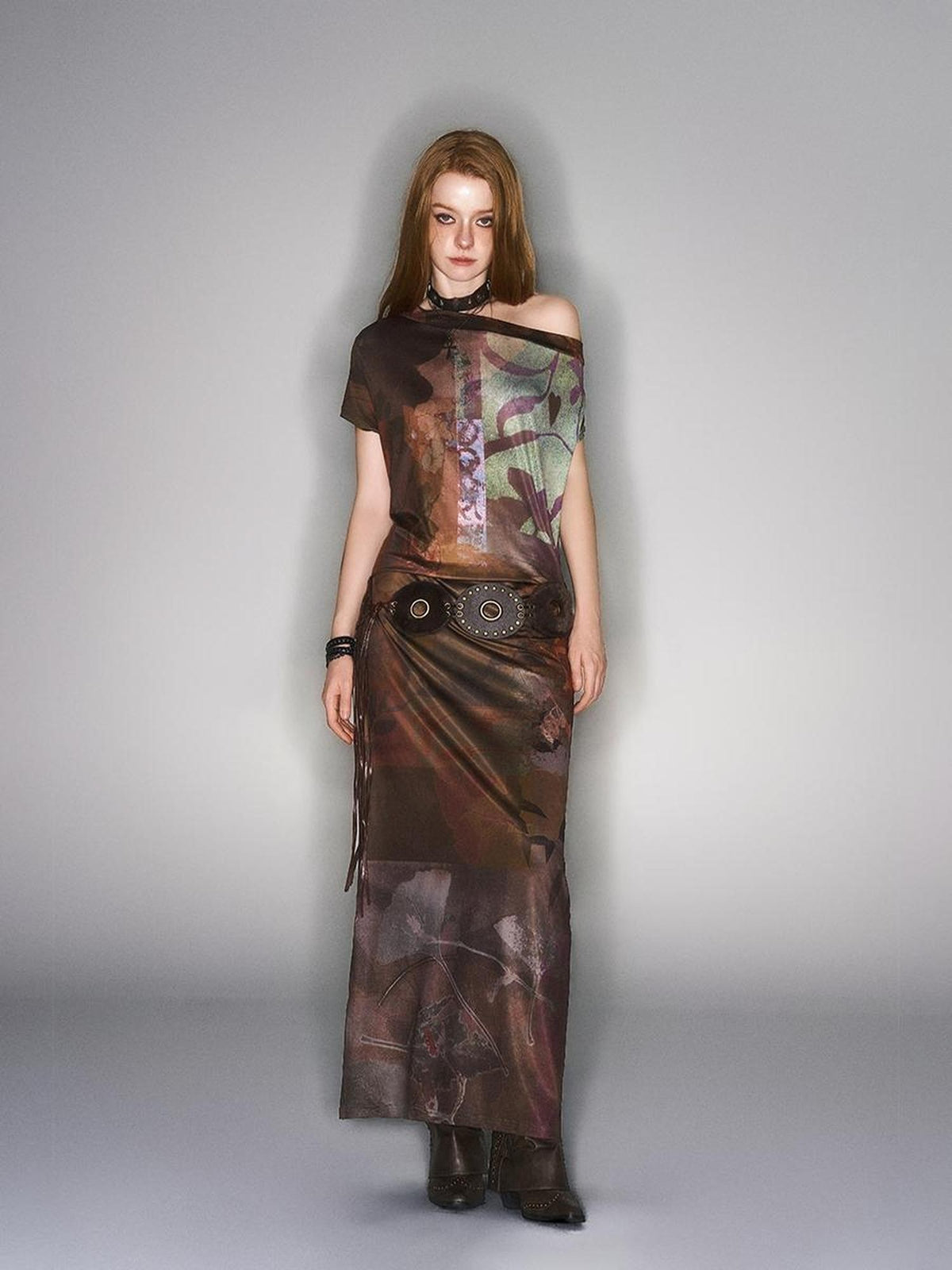 HEMOGLOBIN Asymmetric One Shoulder Digital Print Pleated Vintage Women&