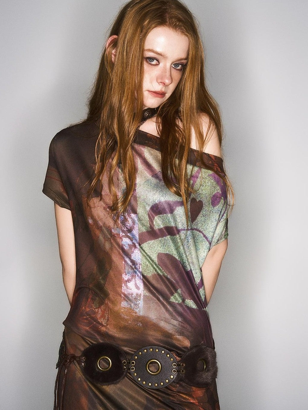 HEMOGLOBIN Asymmetric One Shoulder Digital Print Pleated Vintage Women&