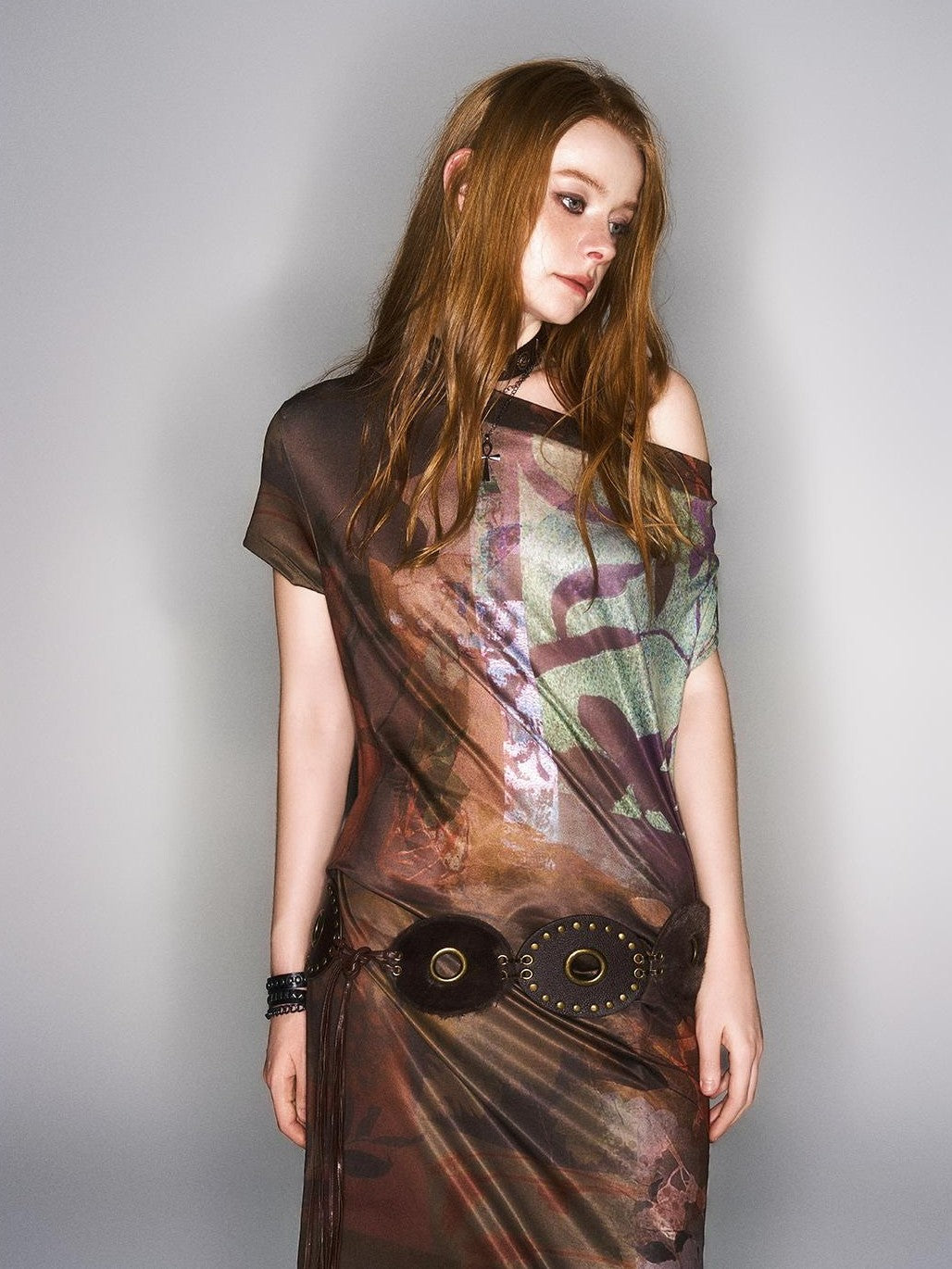 HEMOGLOBIN Asymmetric One Shoulder Digital Print Pleated Vintage Women&