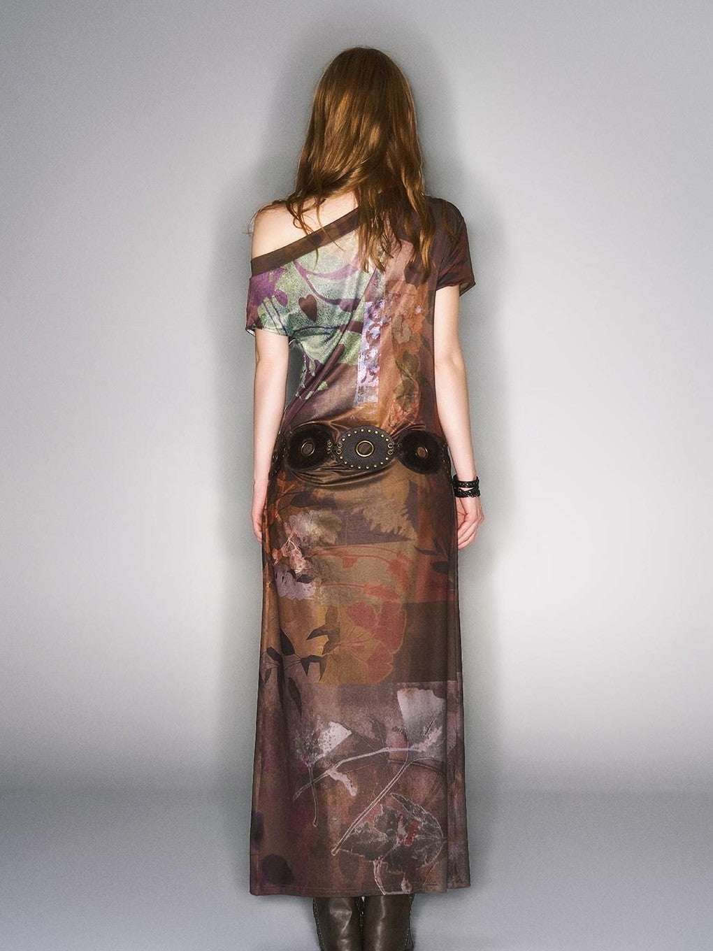 HEMOGLOBIN Asymmetric One Shoulder Digital Print Pleated Vintage Women&