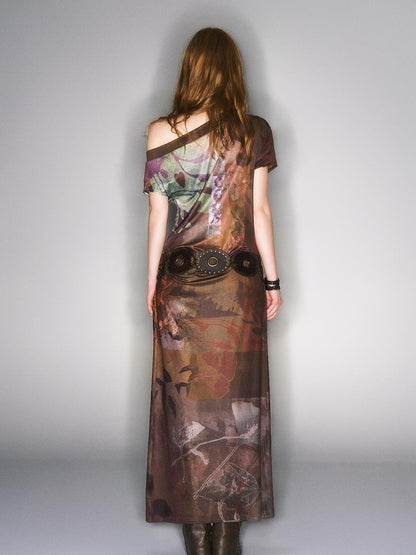 HEMOGLOBIN Asymmetric One Shoulder Digital Print Pleated Vintage Women&