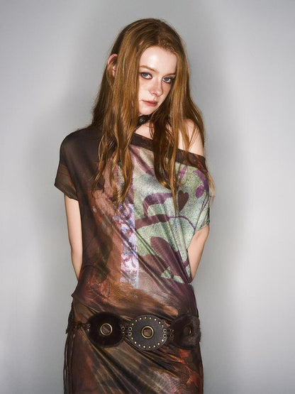 HEMOGLOBIN Asymmetric One Shoulder Digital Print Pleated Vintage Women&