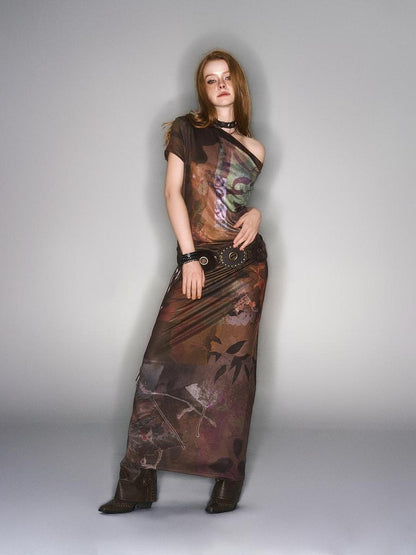 HEMOGLOBIN Asymmetric One Shoulder Digital Print Pleated Vintage Women&