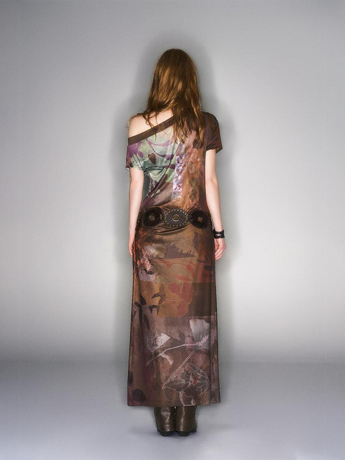 HEMOGLOBIN Asymmetric One Shoulder Digital Print Pleated Vintage Women&