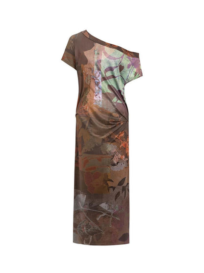 HEMOGLOBIN Asymmetric One Shoulder Digital Print Pleated Vintage Women&