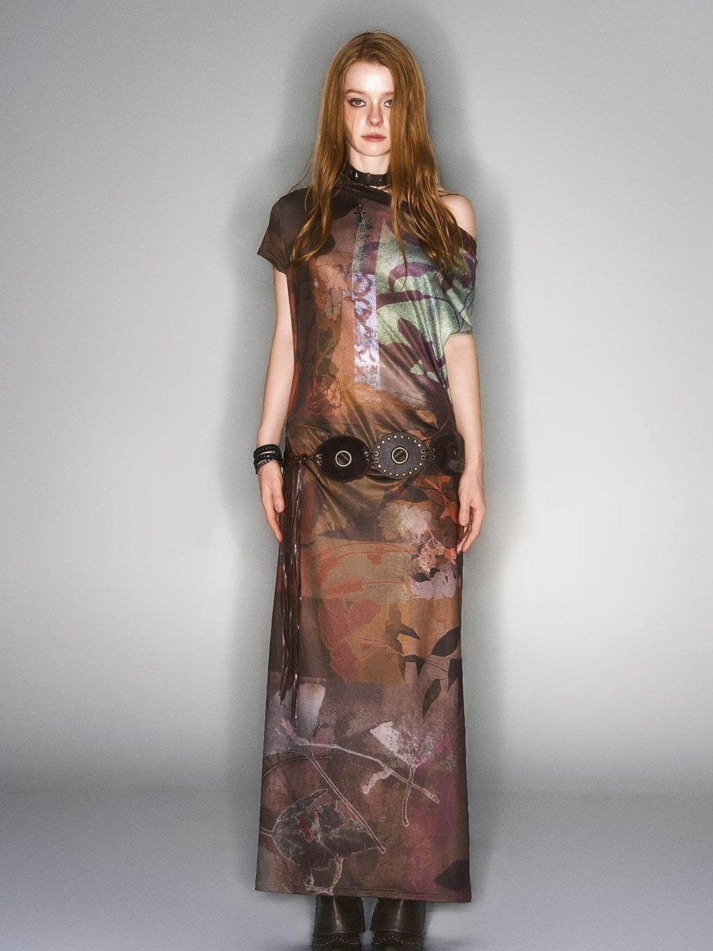 HEMOGLOBIN Asymmetric One Shoulder Digital Print Pleated Vintage Women&