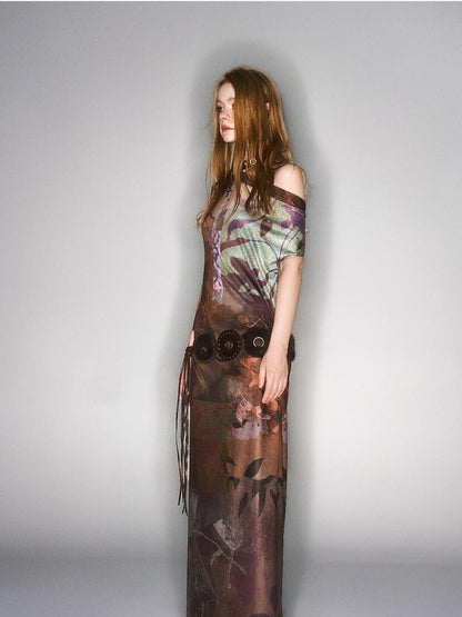 HEMOGLOBIN Asymmetric One Shoulder Digital Print Pleated Vintage Women&