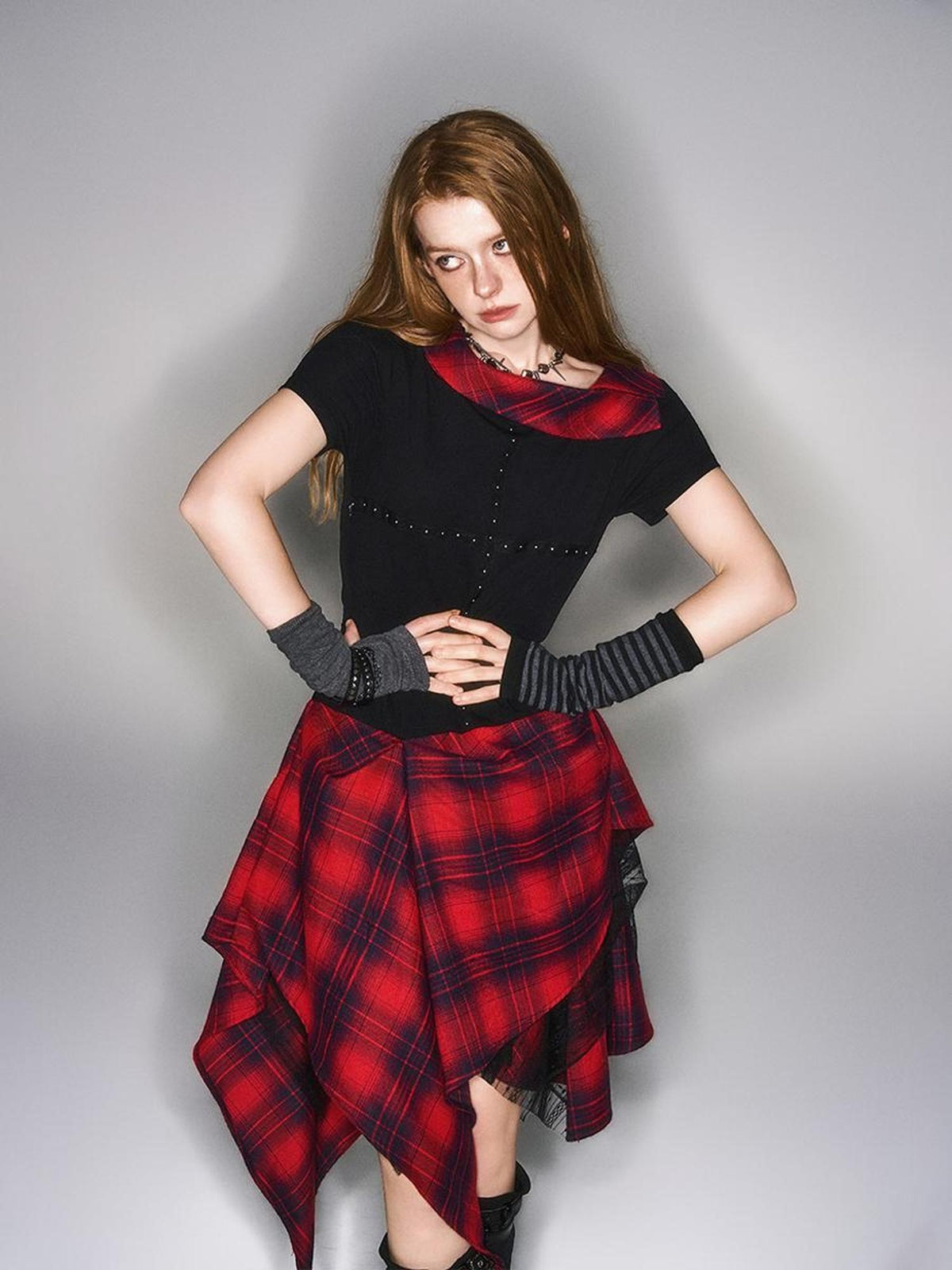HEMOGLOBIN Black Red Plaid Spliced Lace Structured Women&