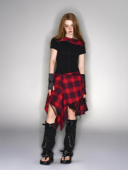 HEMOGLOBIN Black Red Plaid Spliced Lace Structured Women&