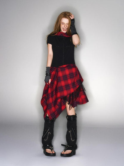 HEMOGLOBIN Black Red Plaid Spliced Lace Structured Women&