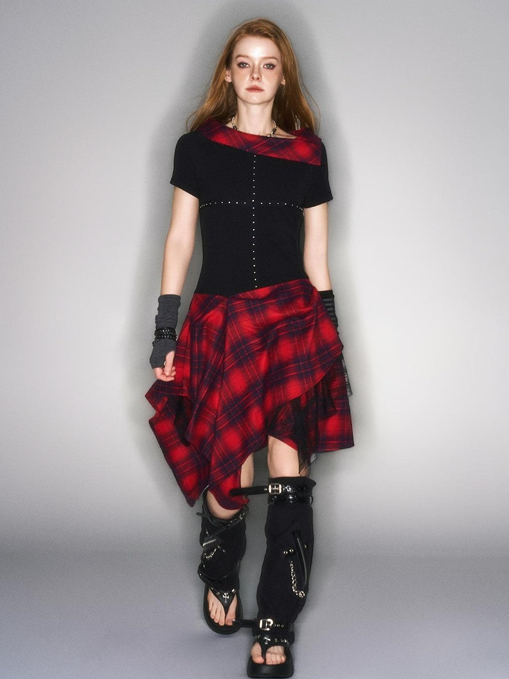 HEMOGLOBIN Black Red Plaid Spliced Lace Structured Women&