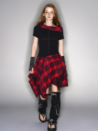 HEMOGLOBIN Black Red Plaid Spliced Lace Structured Women&