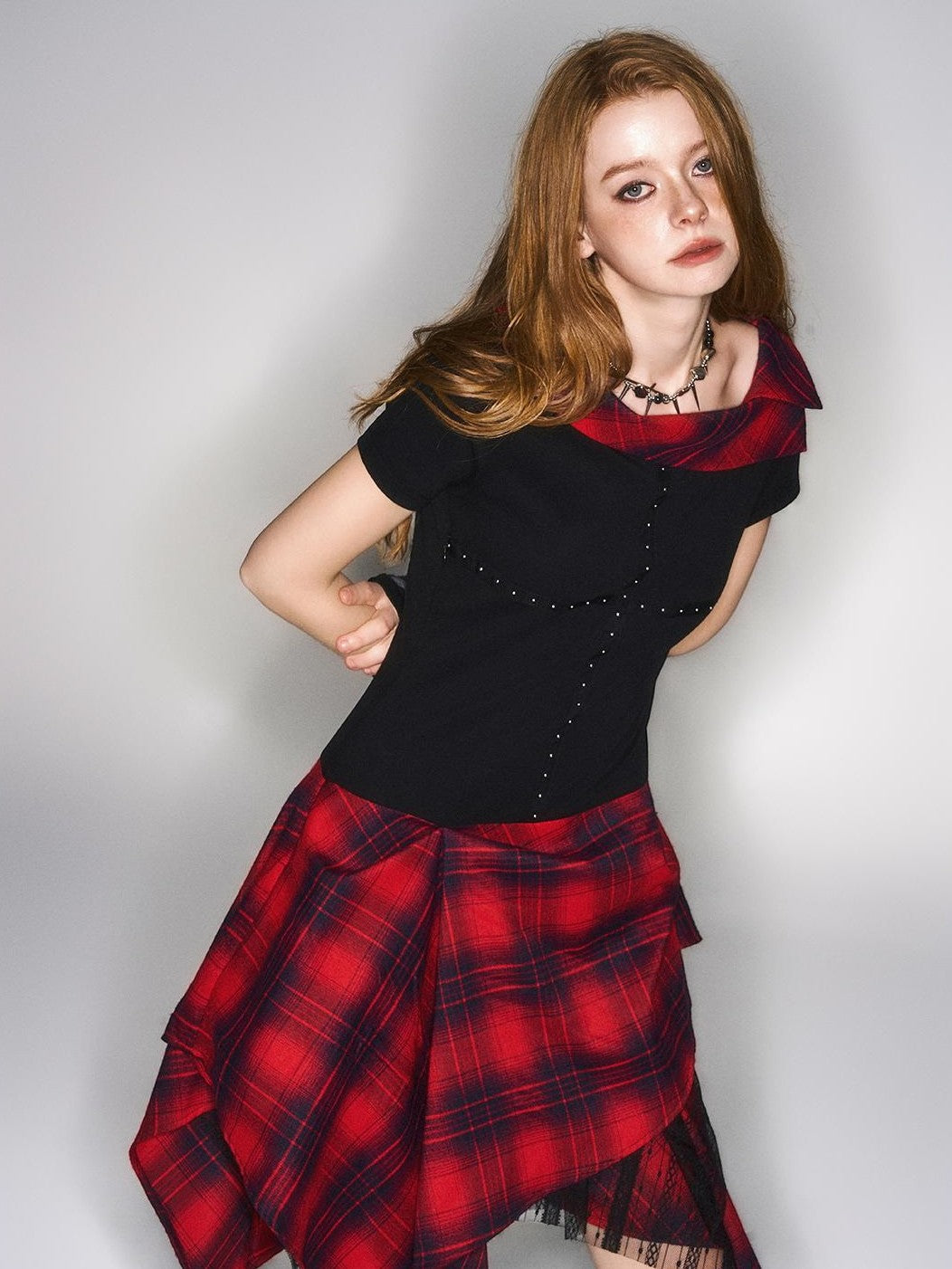 HEMOGLOBIN Black Red Plaid Spliced Lace Structured Women&