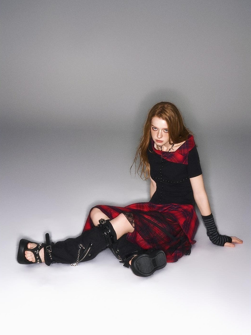 HEMOGLOBIN Black Red Plaid Spliced Lace Structured Women&