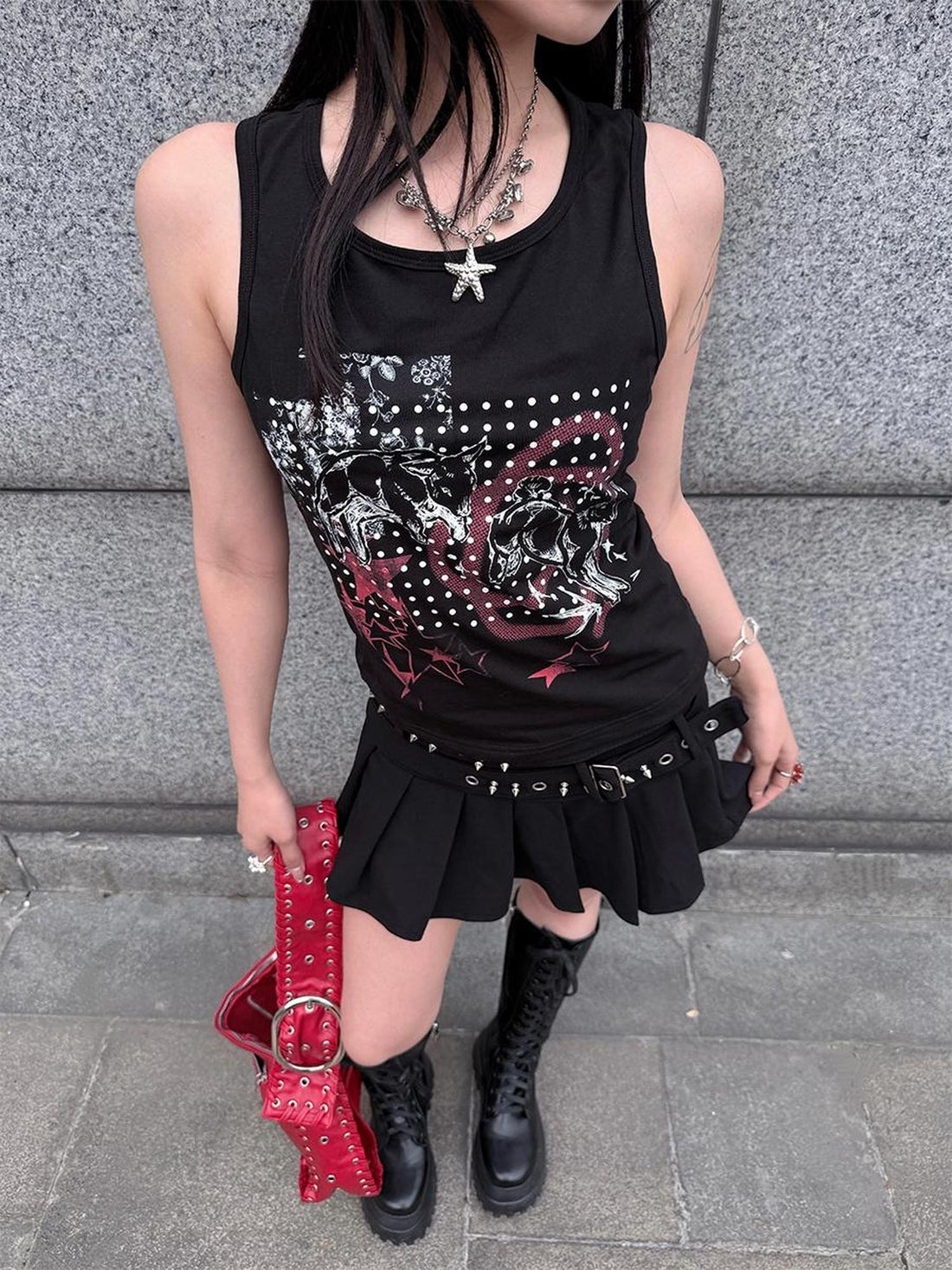 HEMOGLOBIN Black Skull Print Punk Metal Lace Up Slim Fit Women&