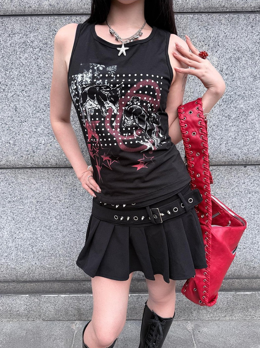 HEMOGLOBIN Black Skull Print Punk Metal Lace Up Slim Fit Women&
