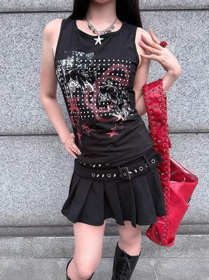 HEMOGLOBIN Black Skull Print Punk Metal Lace Up Slim Fit Women&