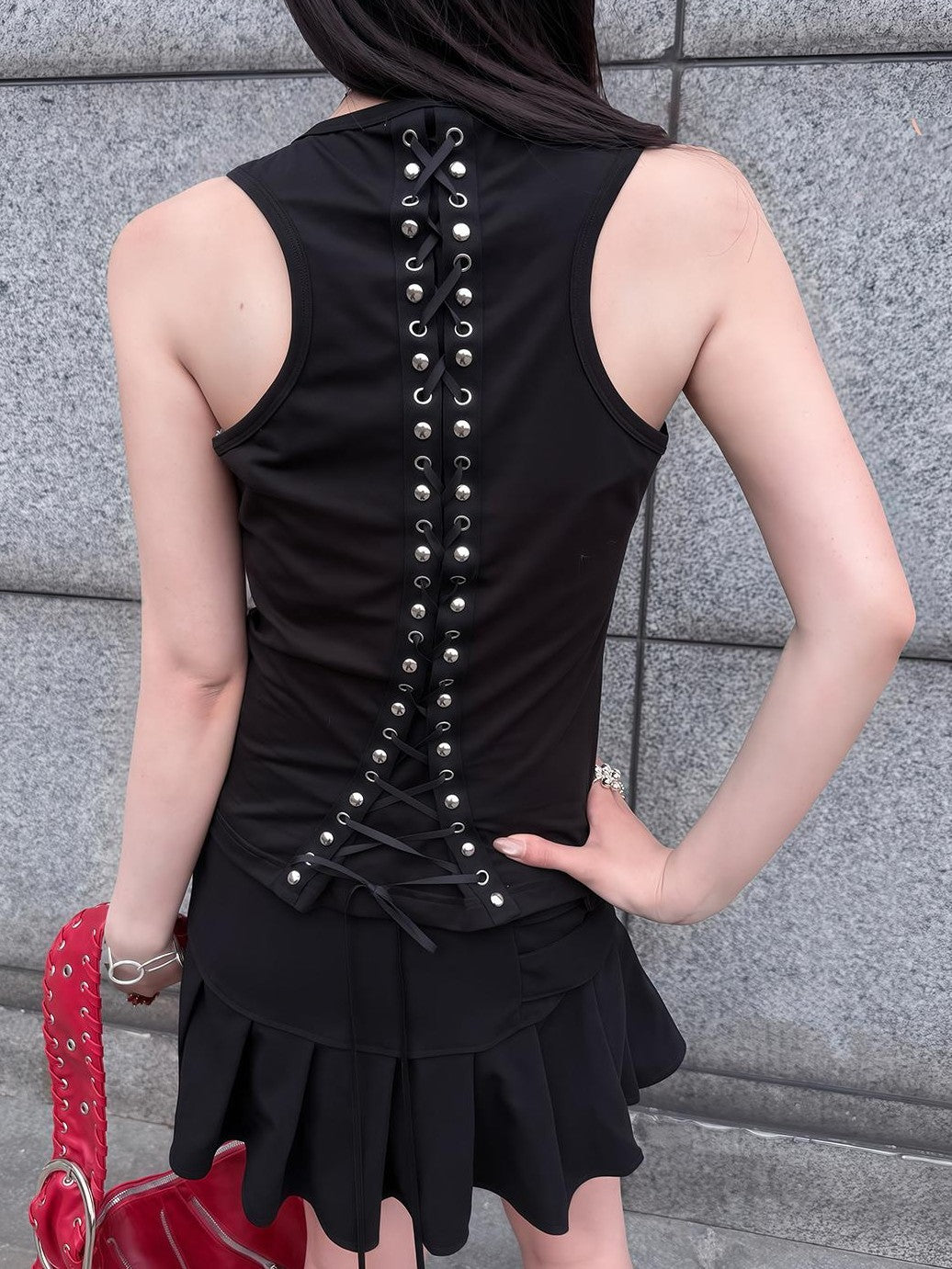 HEMOGLOBIN Black Skull Print Punk Metal Lace Up Slim Fit Women&