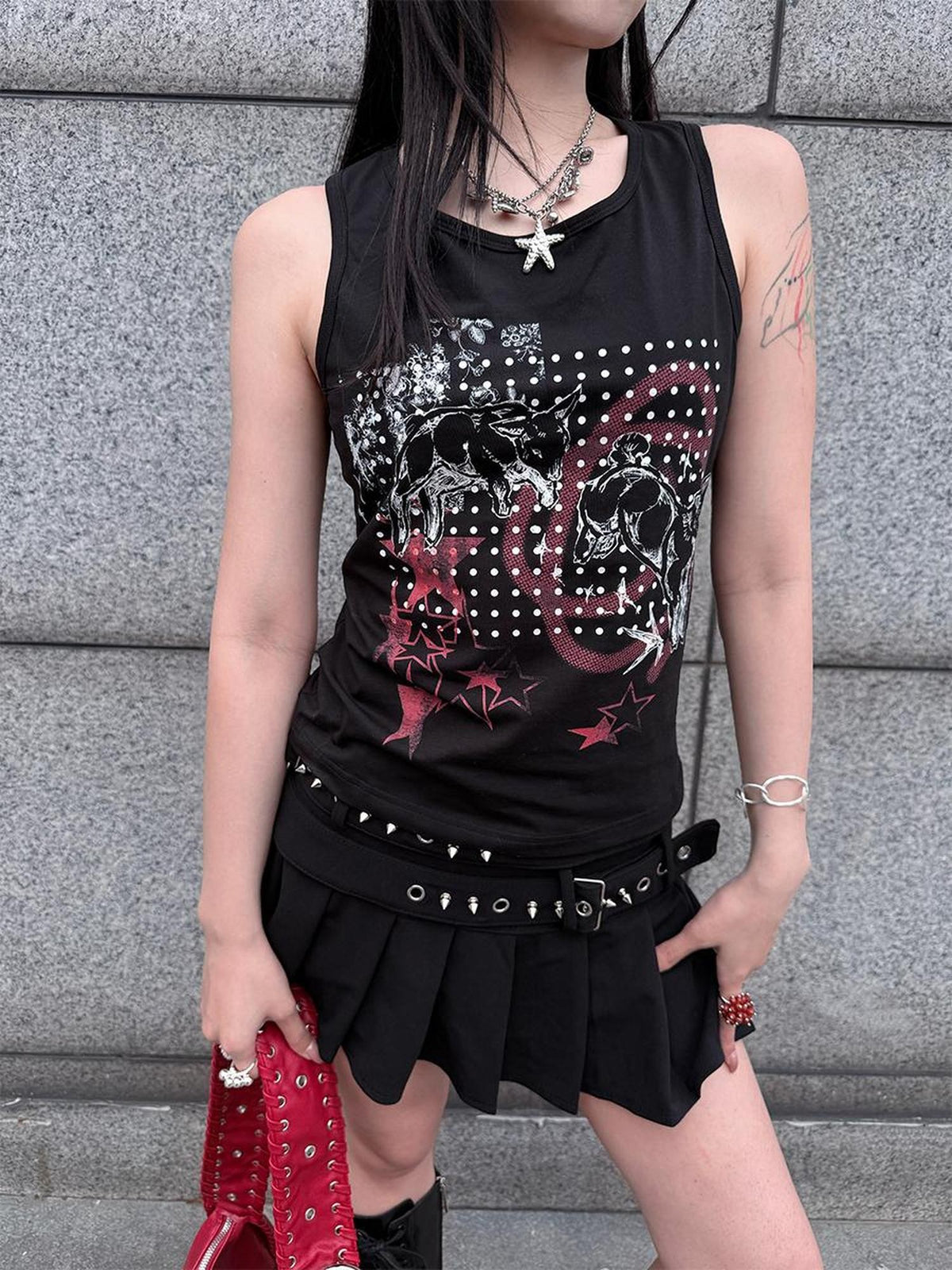 HEMOGLOBIN Black Skull Print Punk Metal Lace Up Slim Fit Women&